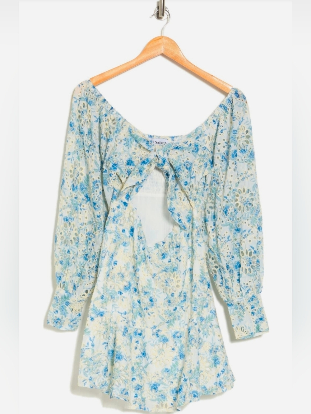 NWT! En Saison, Claire Floral Eyelet Long Sleeve Minidress, Blue, Med, MSRP $138 - Picture 4 of 4